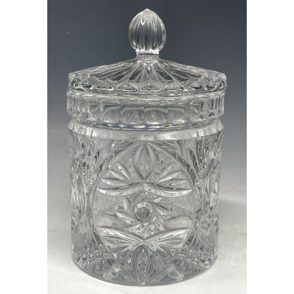 5 5/8" Vintage 20th C. Crystal Lidded Cylindrical Vanity Jar Container Decor - Picture 2 of 11